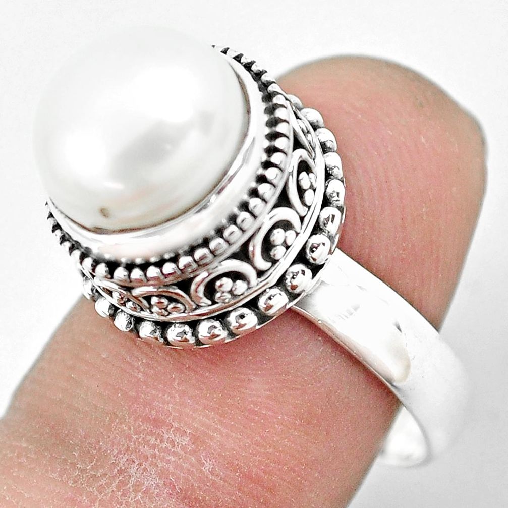 925 sterling silver 5.98cts natural white pearl solitaire ring size 7.5 p61687