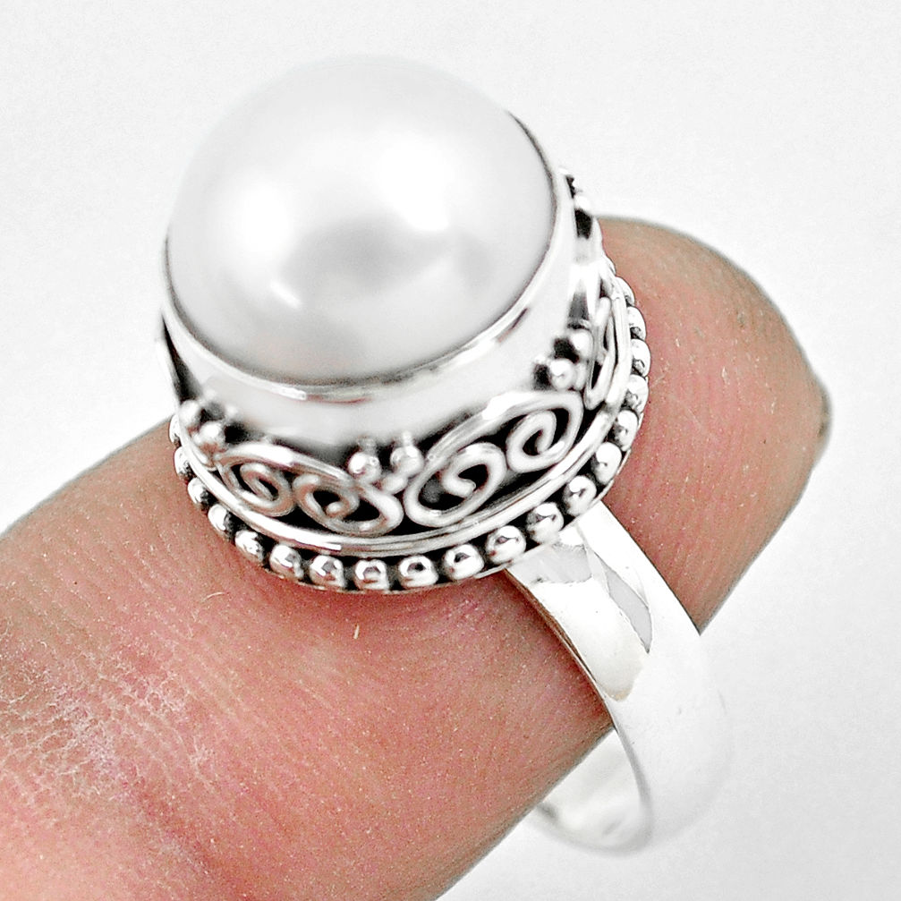 925 sterling silver 6.35cts natural white pearl solitaire ring size 8 p61698