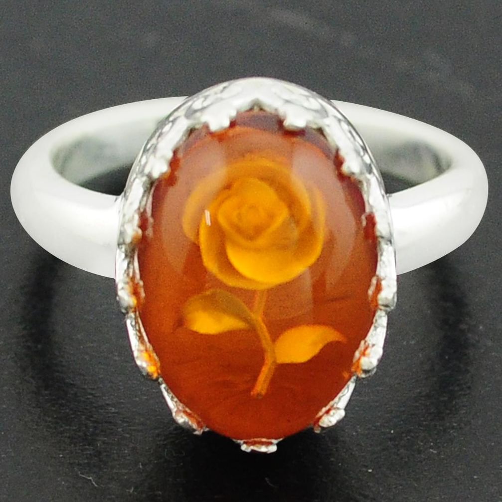 925 sterling silver 5.38cts orange amber flower ring jewelry size 7 p75488