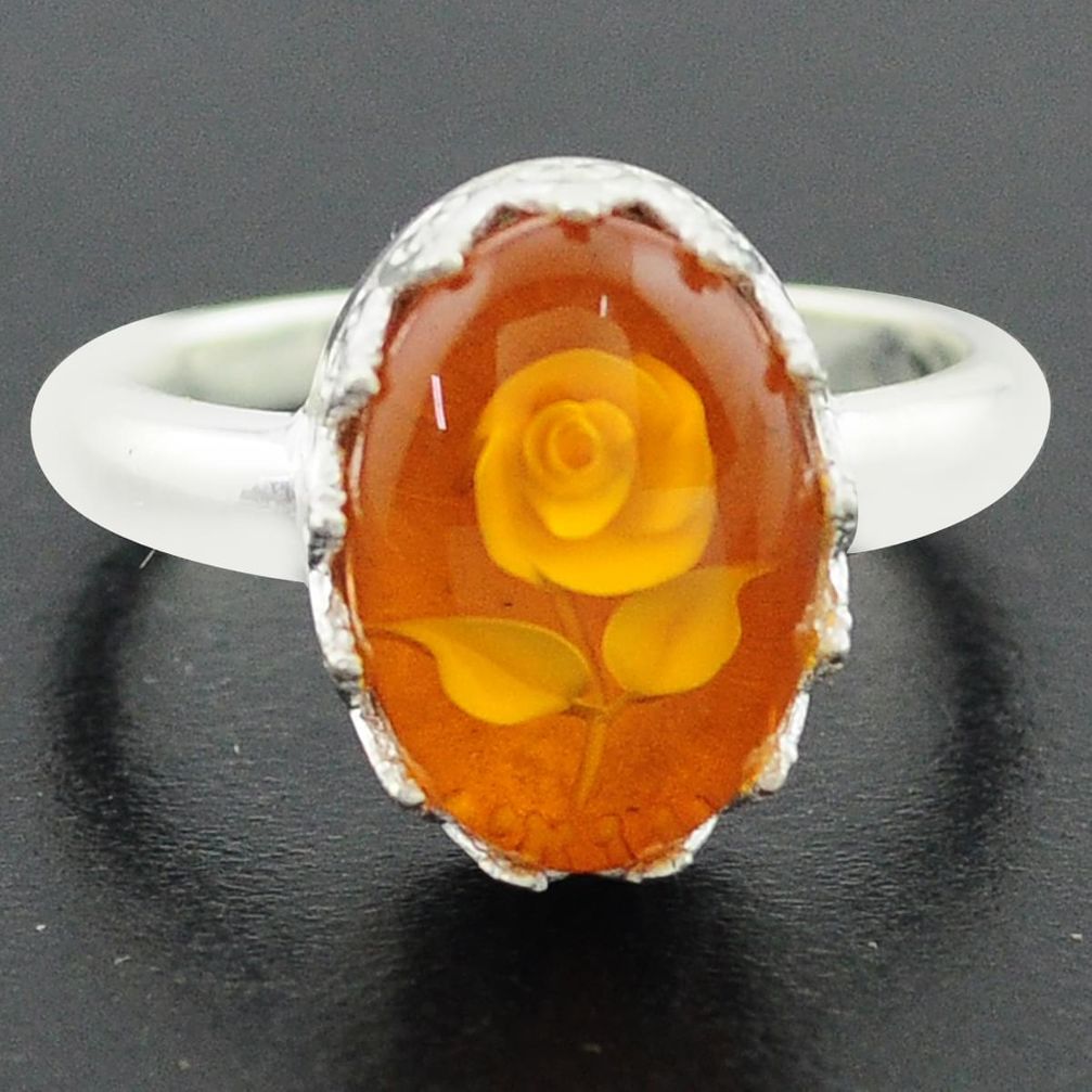 925 sterling silver 6.02cts orange amber oval flower ring jewelry size 9 p75480