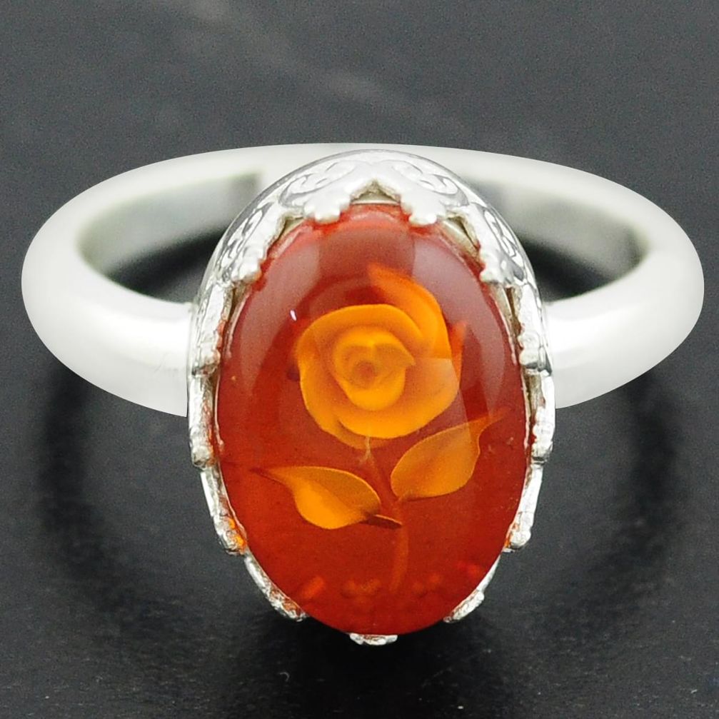 925 sterling silver 5.53cts orange amber oval flower ring jewelry size 8 p75483