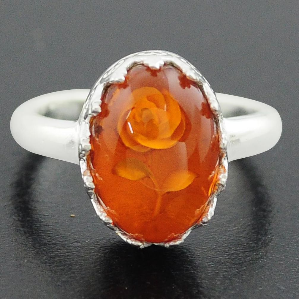 925 sterling silver 5.79cts orange amber oval flower ring jewelry size 8 p75518
