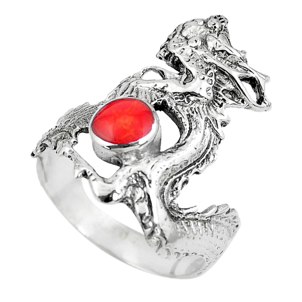 925 sterling silver 1.37cts red coral round dragon ring jewelry size 8.5 c1573