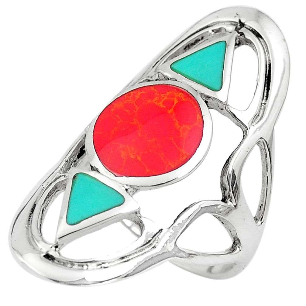 925 sterling silver 6.26gms red coral turquoise enamel ring jewelry size 7 c1565