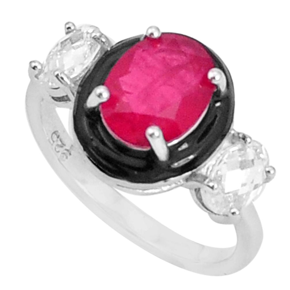 925 sterling silver 5.53cts red ruby (lab) topaz black enamel ring size 9 c2688