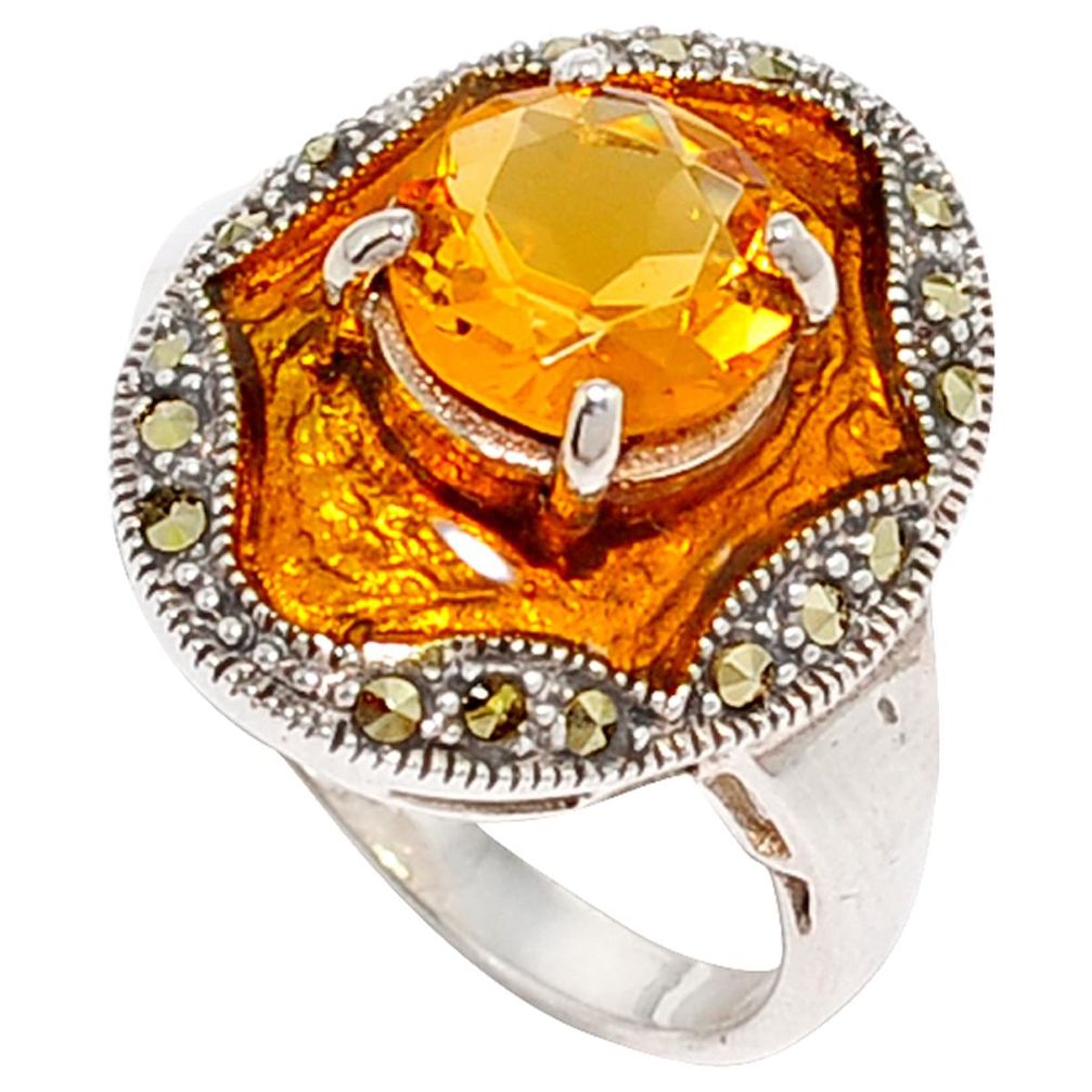 Art deco marcasite natural yellow citrine enamel 925 silver ring size 7.5 a18080