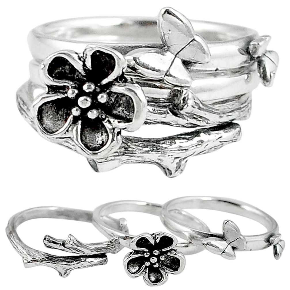 925 sterling silver flower with butterfly 3 ring jewelry size 6.5 a25964