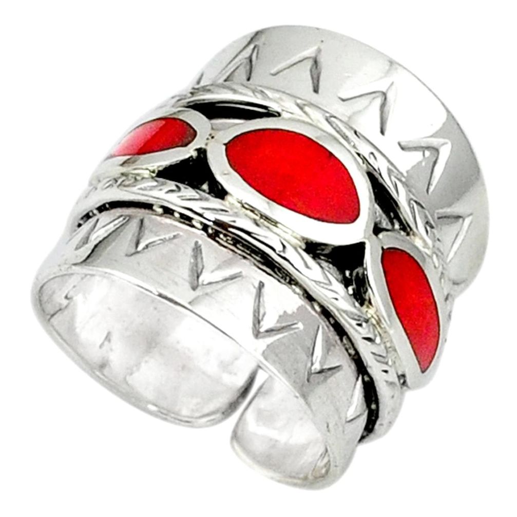 Red coral enamel 925 sterling silver adjustable ring handmade size 6 a37919