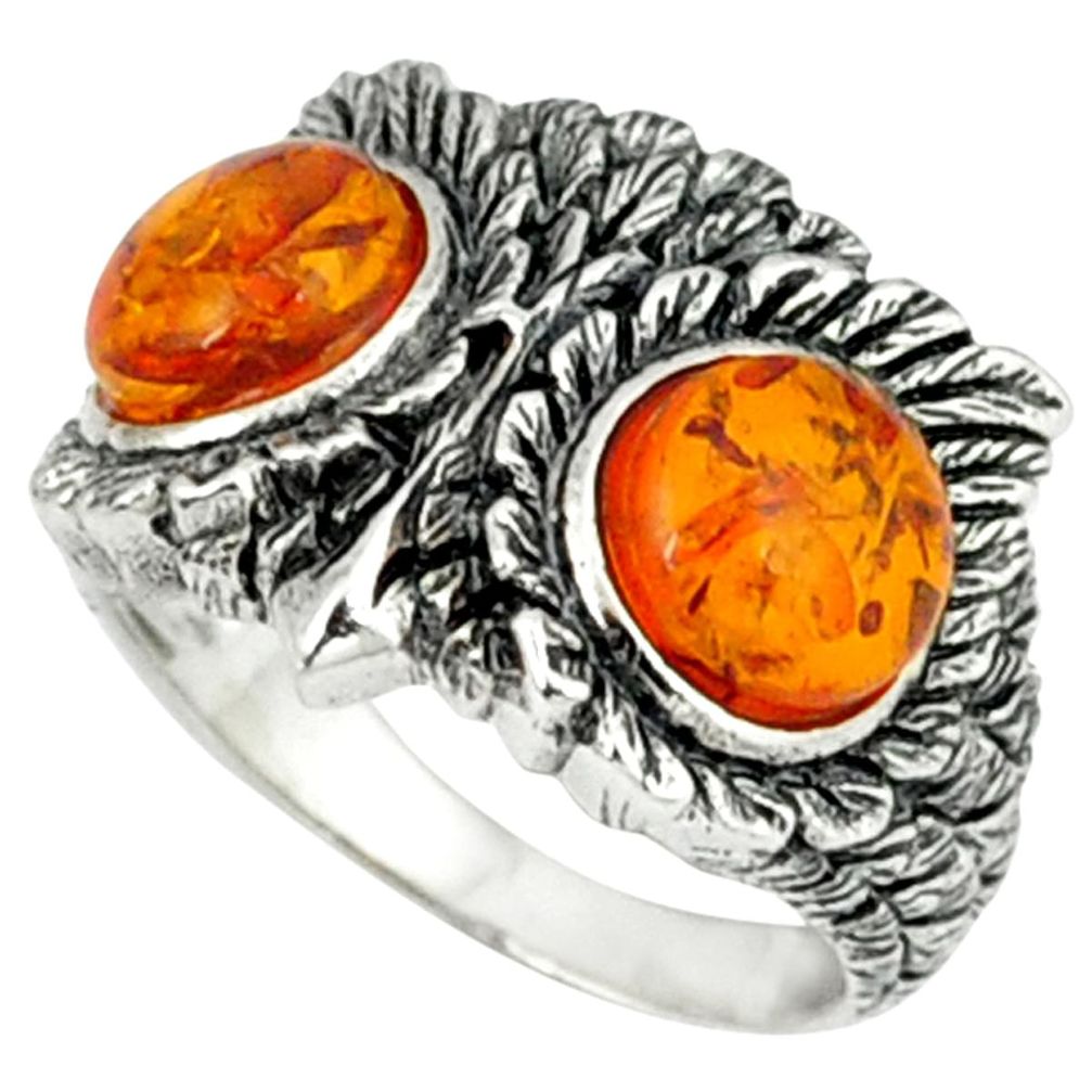 925 sterling silver orange amber round owl ring jewelry size 7 a39222