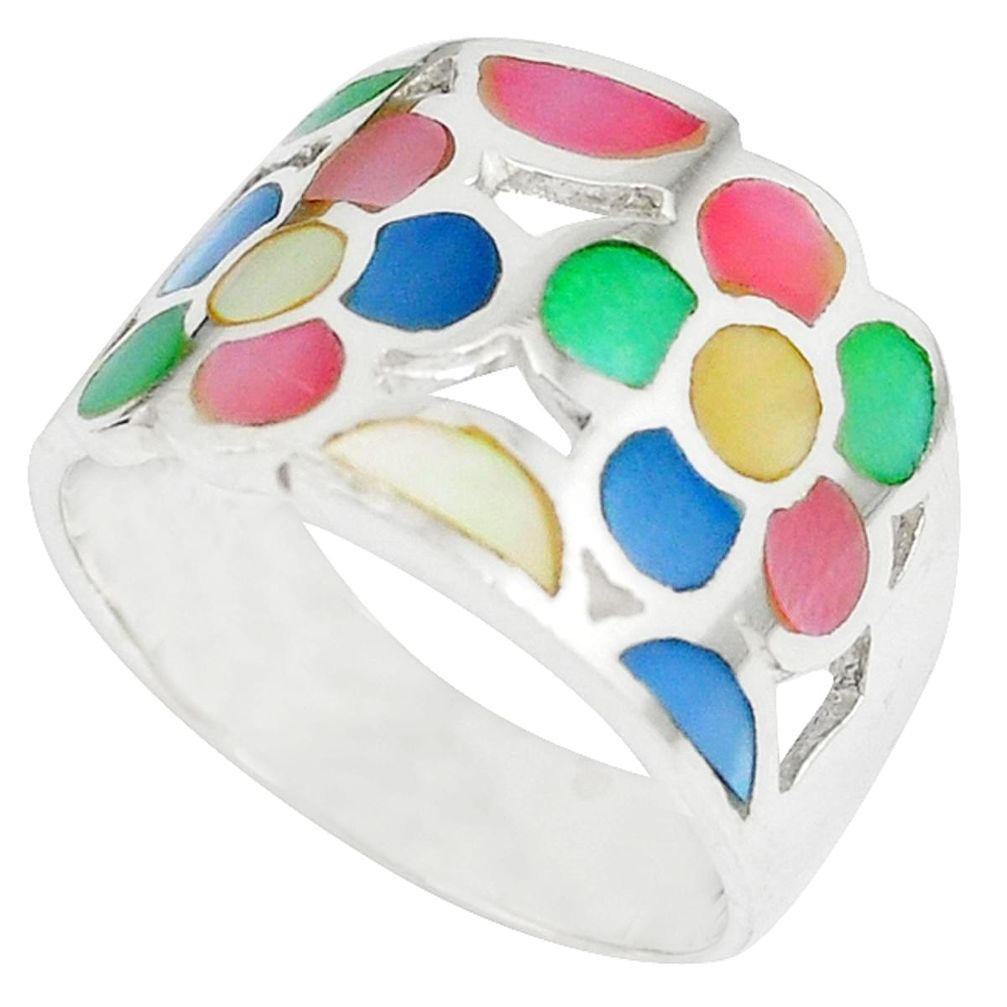 Multi color blister pearl enamel 925 silver flower ring size 8.5 a41721