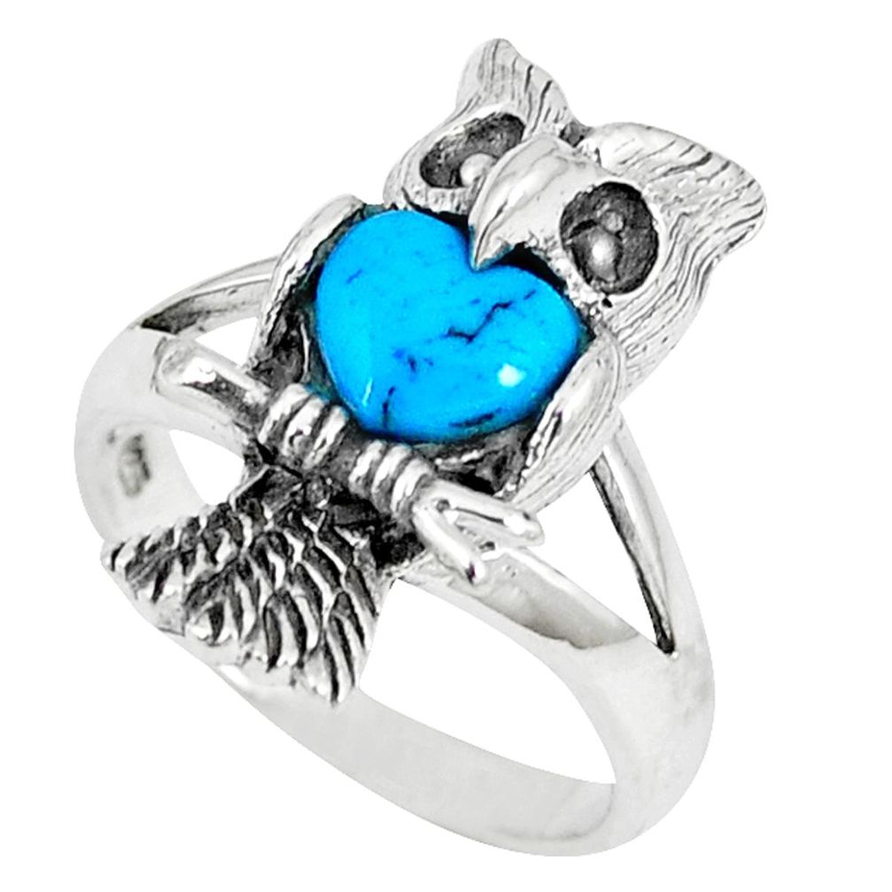 Fine blue turquoise 925 sterling silver owl ring jewelry size 7.5 a42764