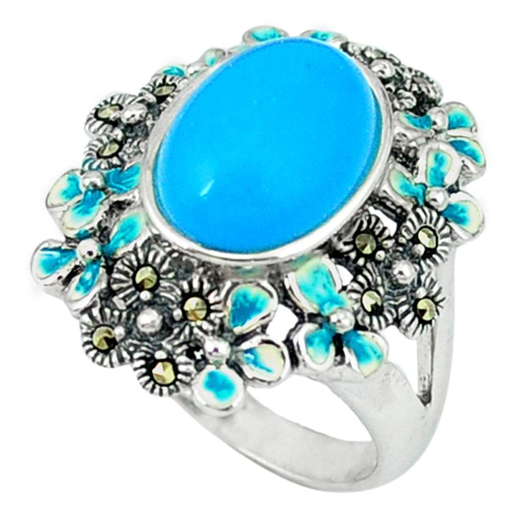 Blue sleeping beauty turquoise marcasite enamel 925 silver ring size 8.5 a44090
