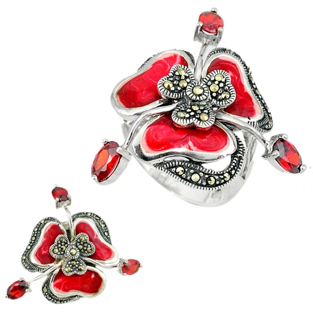 925 sterling silver natural red garnet marcasite enamel ring size 7.5 a44719