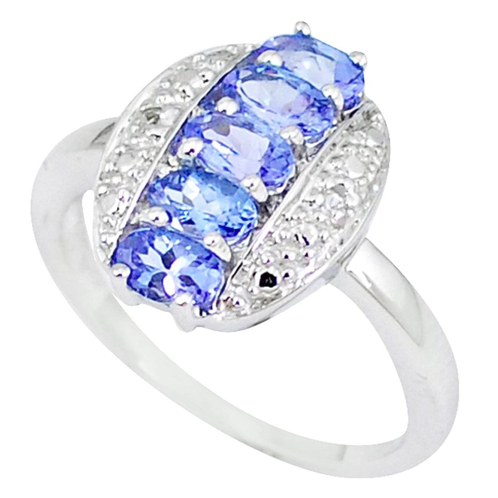 Natural white diamond blue tanzanite 925 sterling silver ring size 7.5 a47451