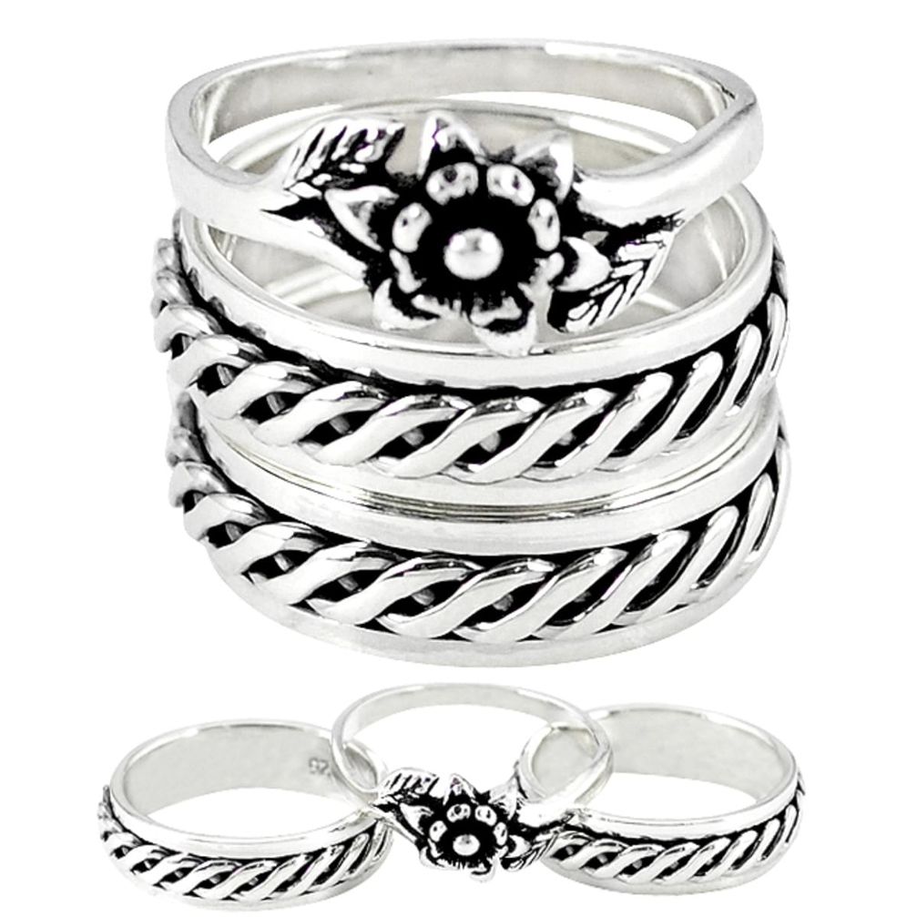 Indonesian bali style solid 925 silver stackable band 3 rings size 6 a47805