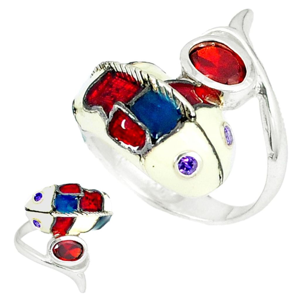 Handmade thai natural red garnet 925 silver 14k gold dolphin ring size 6 a48361