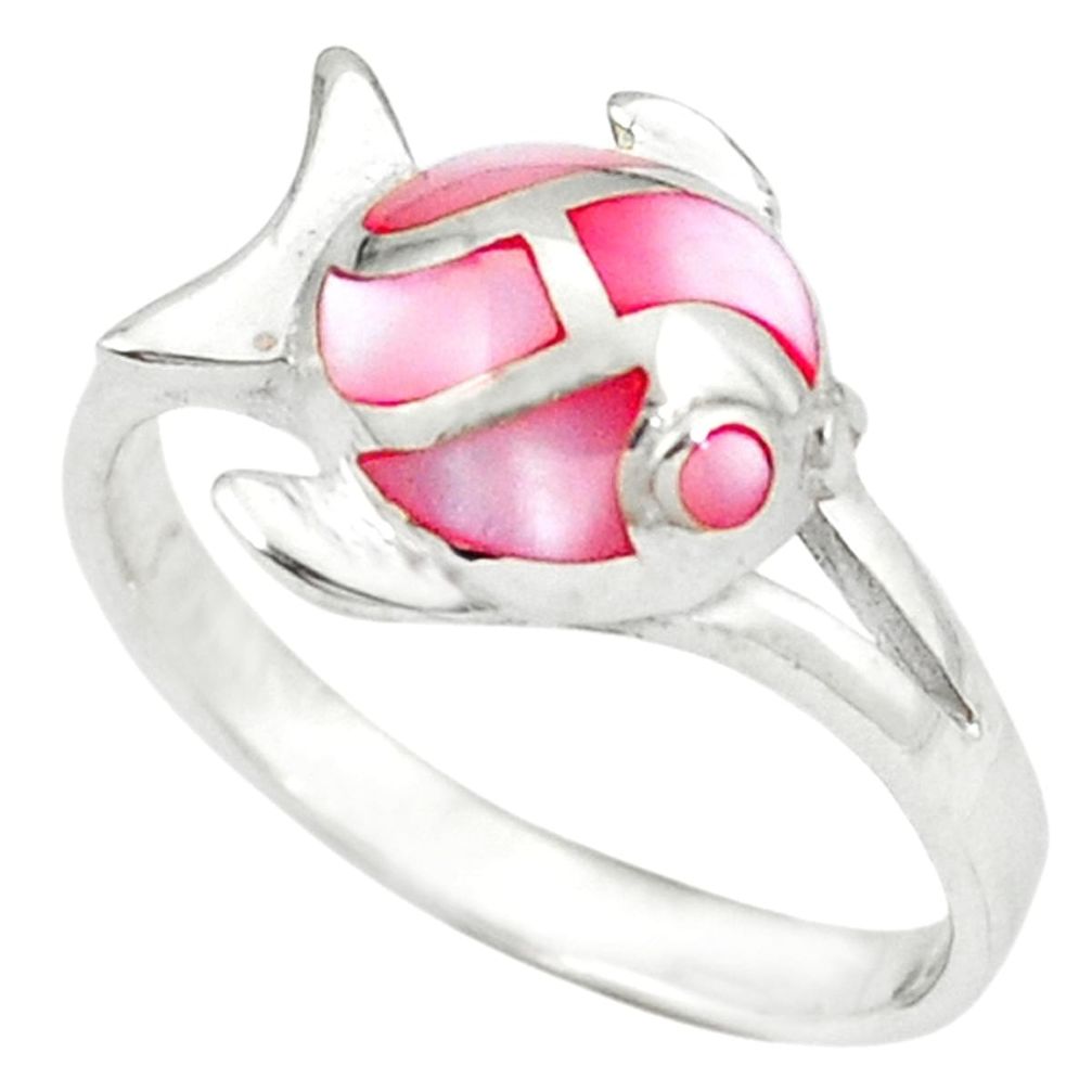 Pink pearl enamel 925 sterling silver tortoise ring size 6.5 a49525