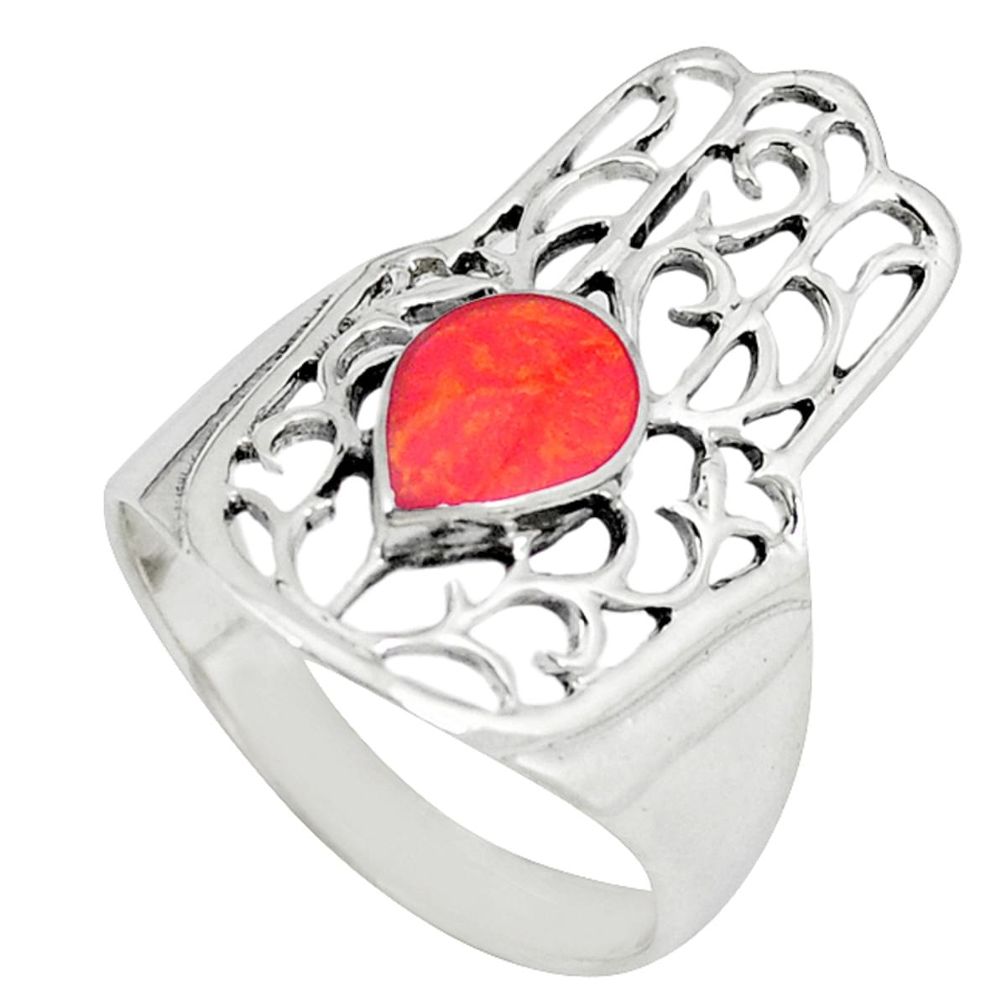 Red coral enamel 925 silver hand of god hamsa ring jewelry size 7 a49930