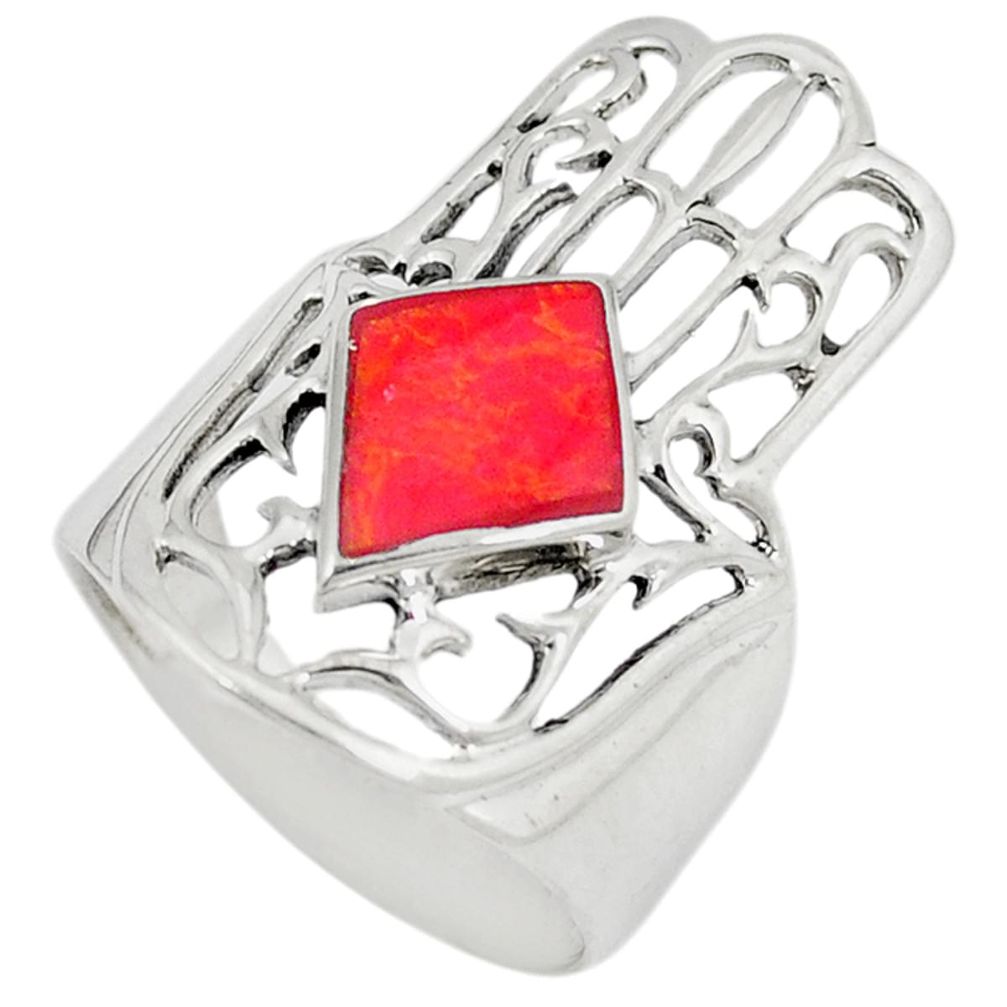 Red coral enamel 925 silver hand of god hamsa ring jewelry size 6.5 a49934