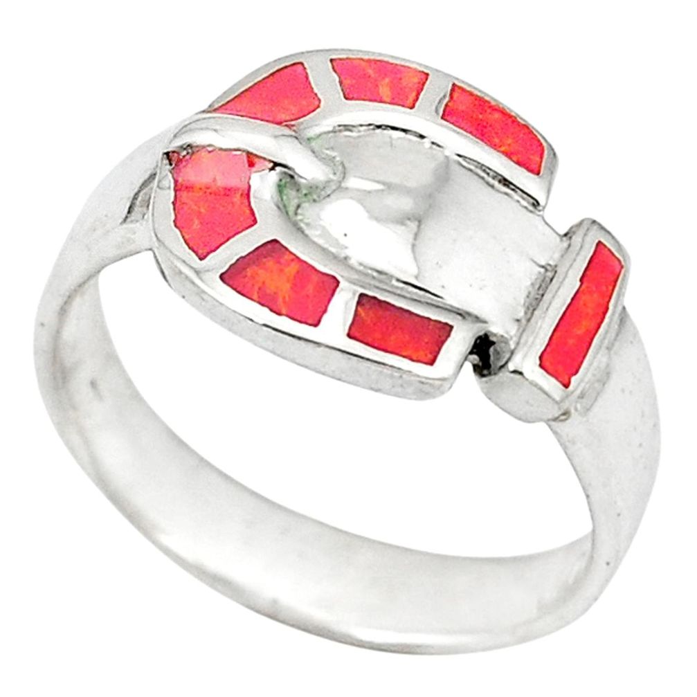 Red sponge coral enamel 925 sterling silver ring jewelry size 7 a50042