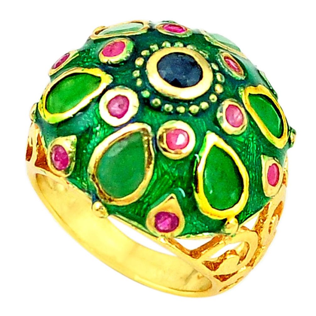 Handmade natural emerald sapphire 925 silver gold thai ring size 8.5 a53315