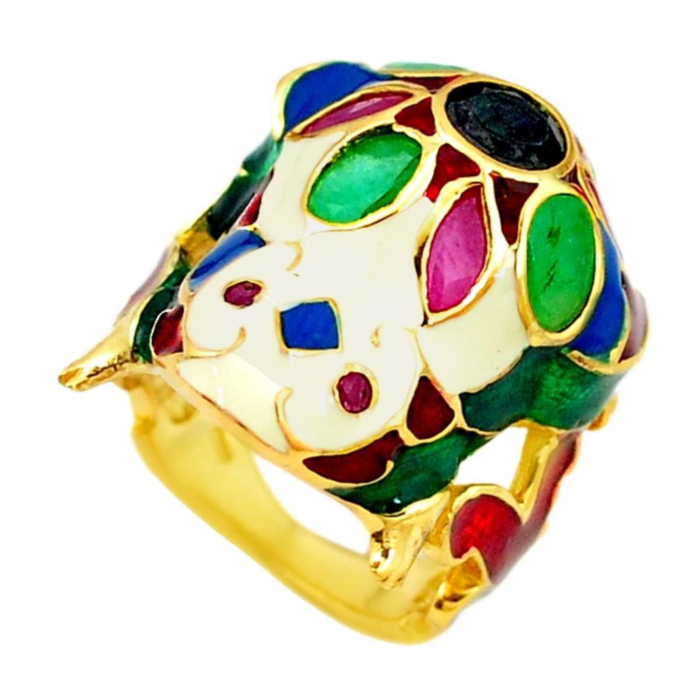 Handmade natural emerald ruby 925 silver gold frog thai ring size 7.5 a53342
