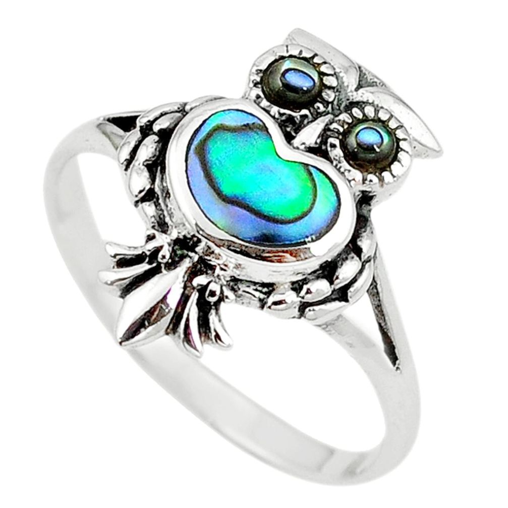 Green abalone paua seashell 925 sterling silver owl ring size 9 a54979