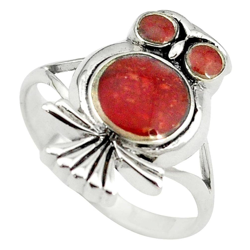 Red sponge coral enamel 925 sterling silver owl ring jewelry size 8 a55103