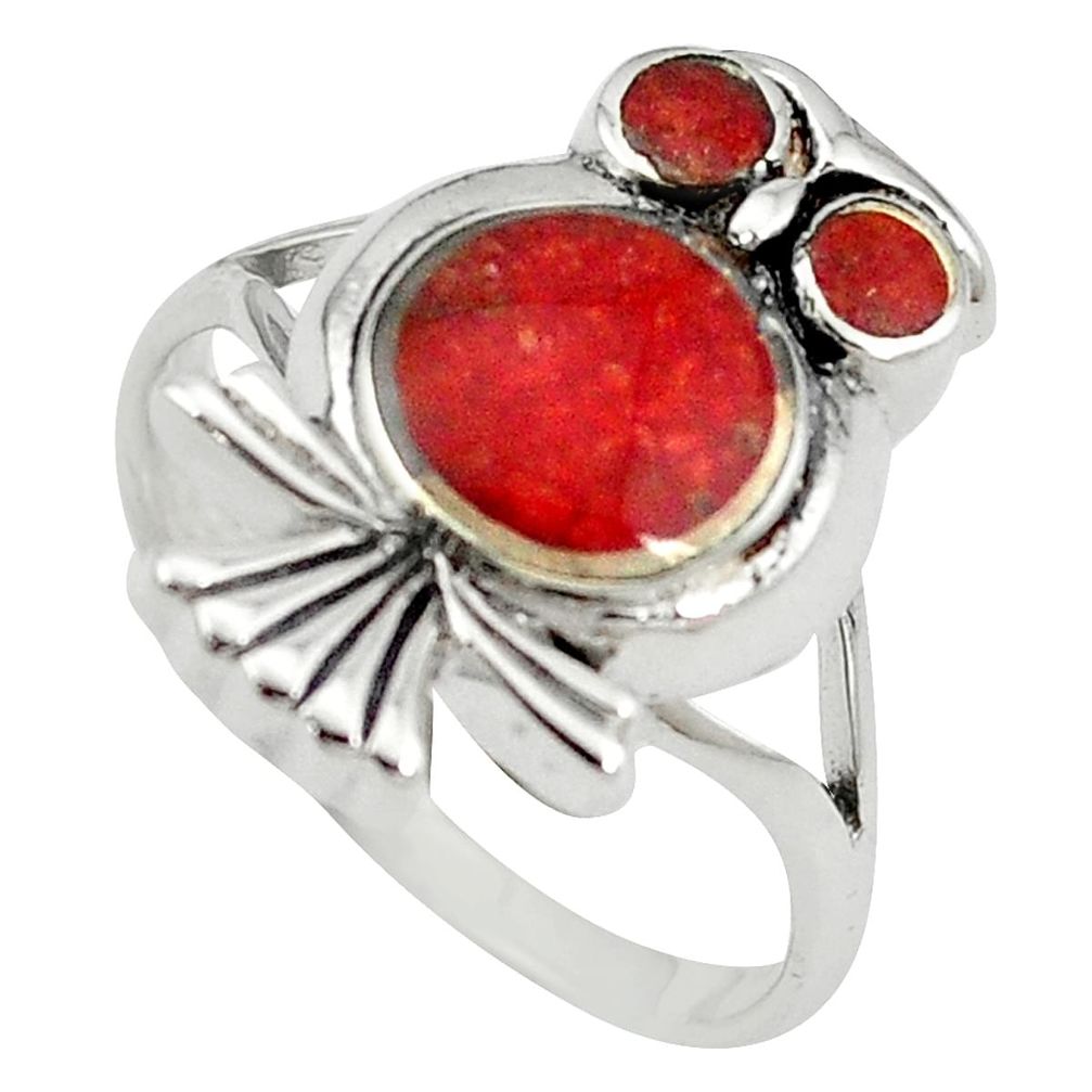 Red sponge coral enamel 925 sterling silver owl ring jewelry size 8 a55107