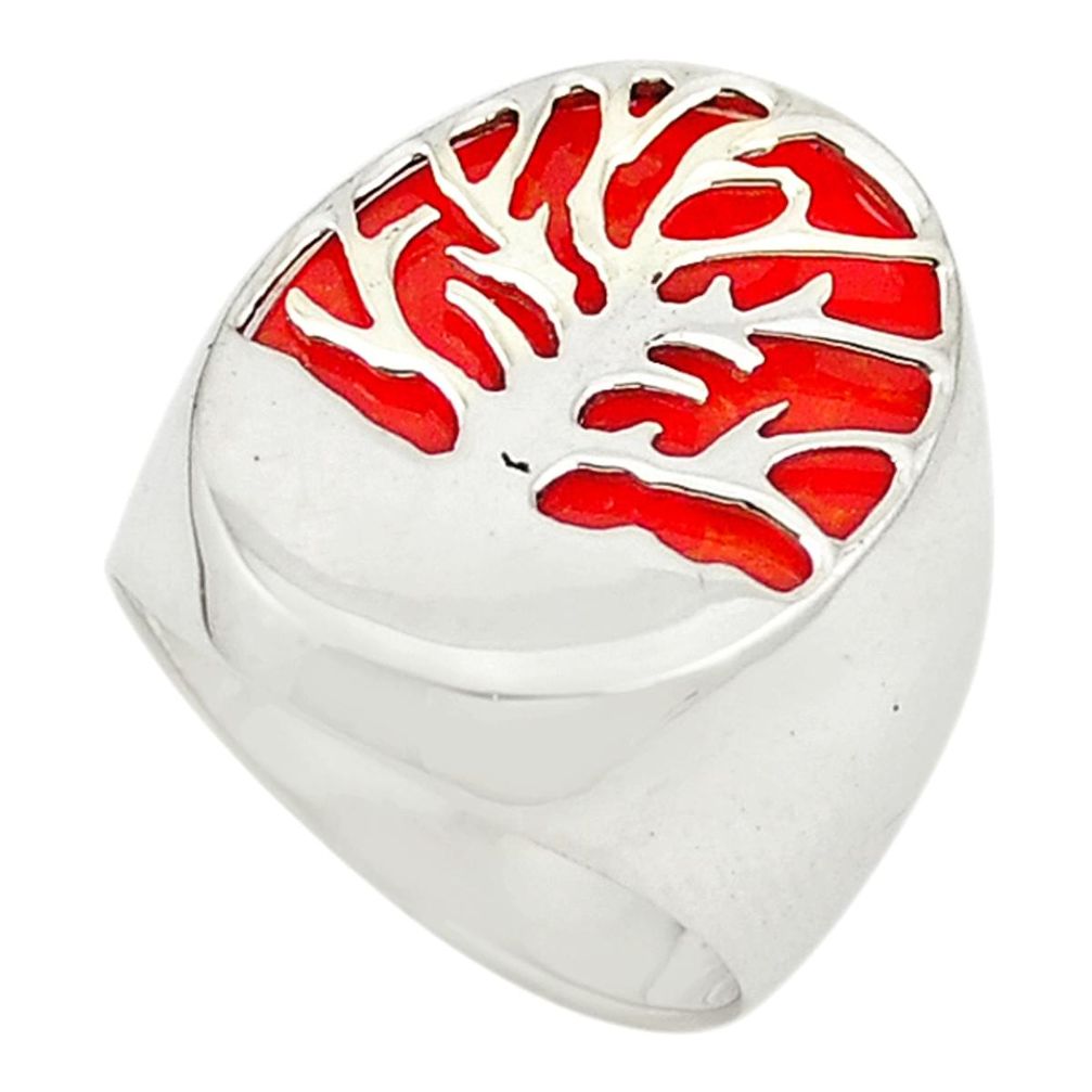 Natural red sponge coral 925 silver tree of life ring size 7 a69487