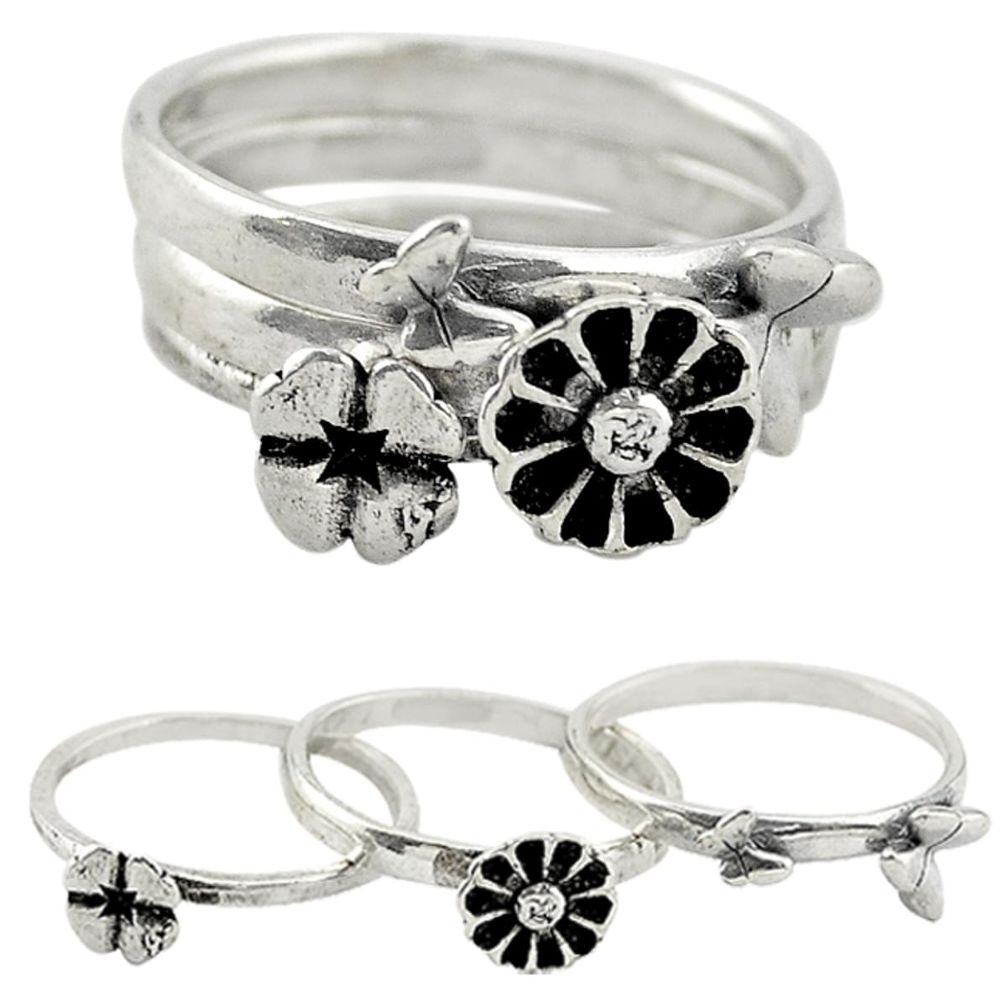 Indonesian bali style solid 925 silver flower 3 band rings size 6.5 a73216