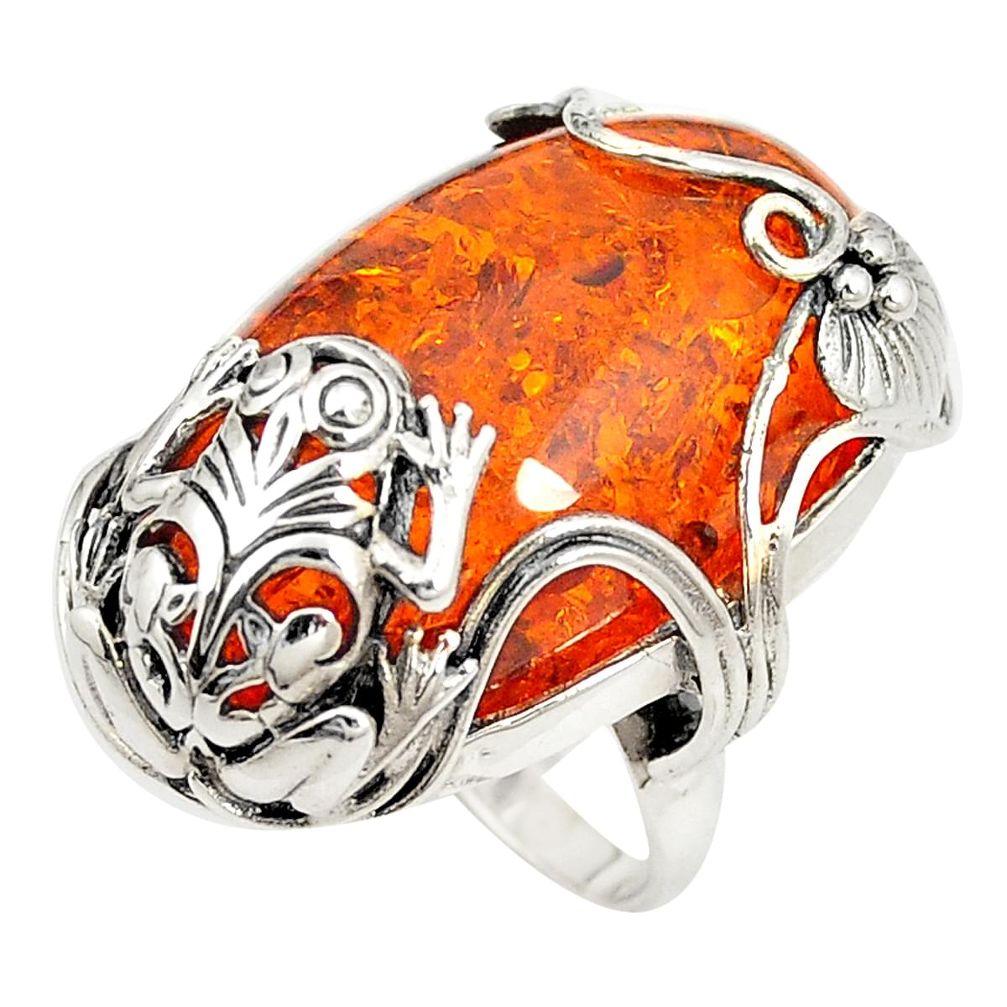 Orange amber 925 sterling silver frog ring jewelry size 8 a76741