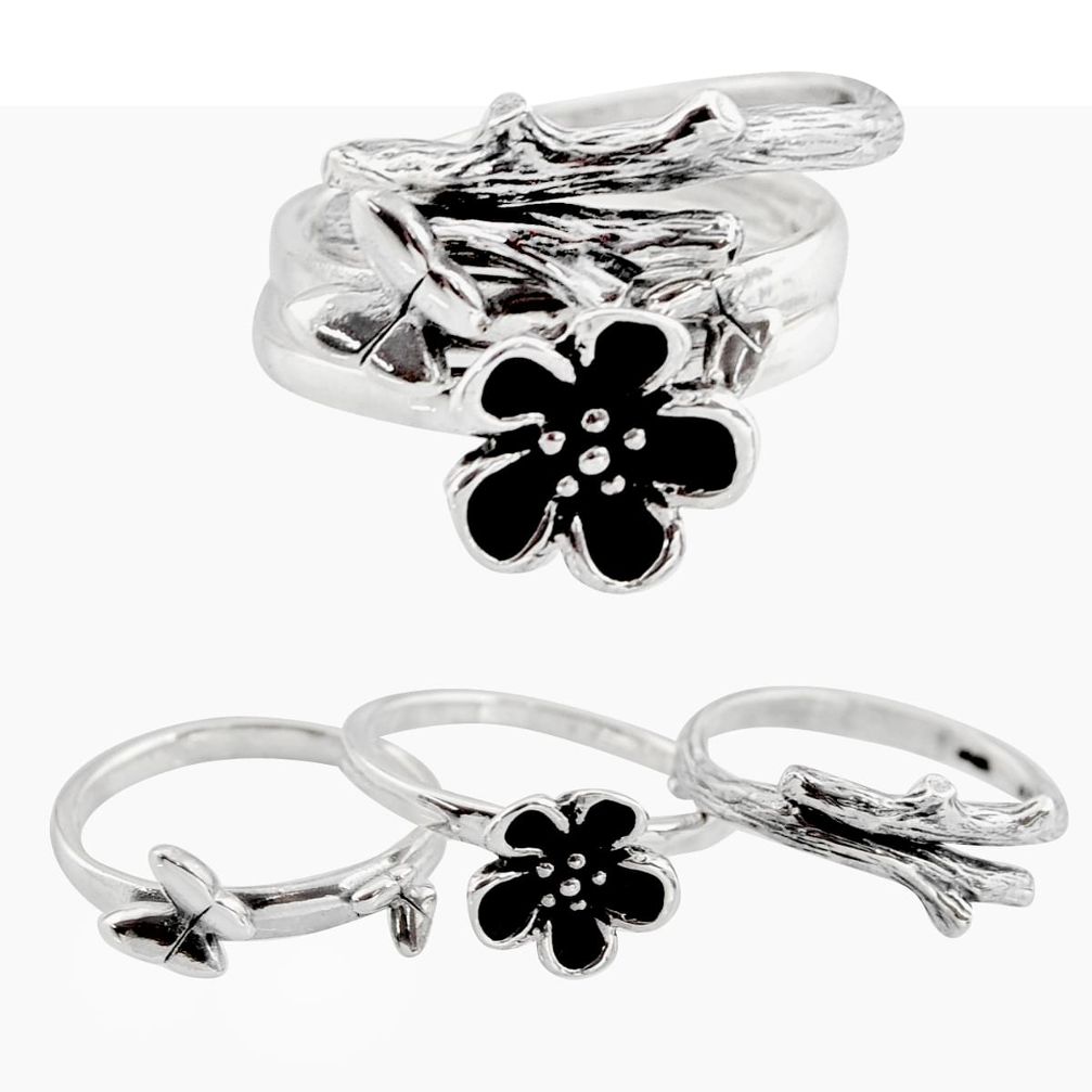 6.02gms stackable charm rings 925 silver flower 3 rings size 5 c7693