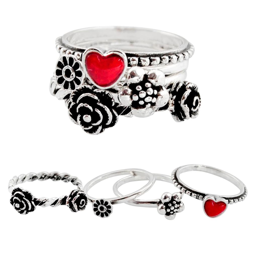 Stackable charm coral enamel 925 silver heart 4 rings jewelry size 7.5 c7695