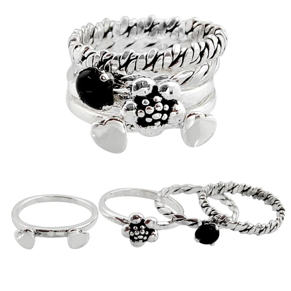 Stackable charm onyx 925 sterling silver flower 4 rings size 5.5 c7696