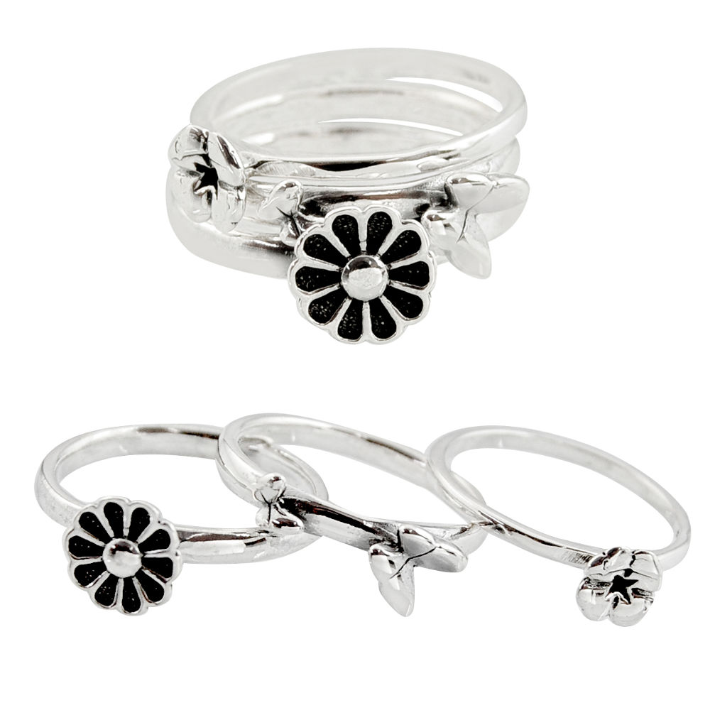 5.48gms stackable charm rings 925 silver flower 3 rings size 6.5 c7713