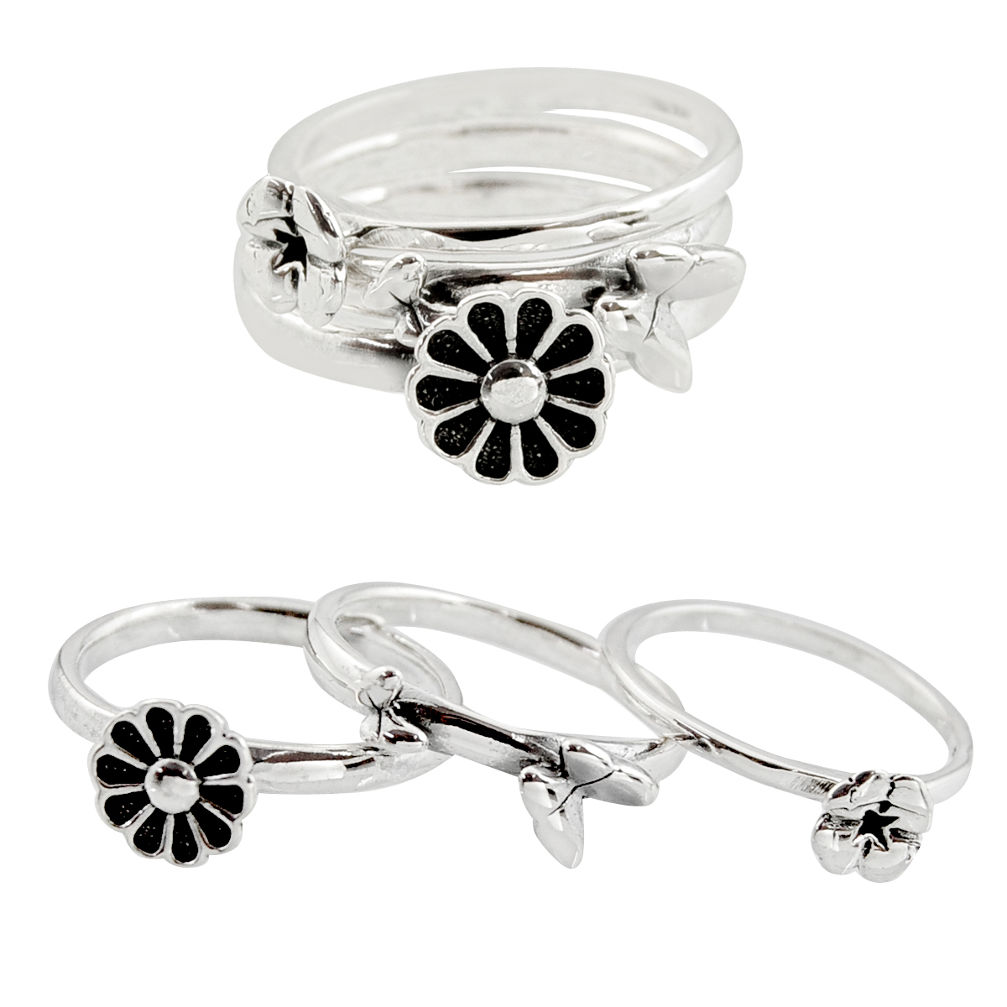 6.29gms stackable charm rings 925 silver flower 3 rings size 5.5 c7714