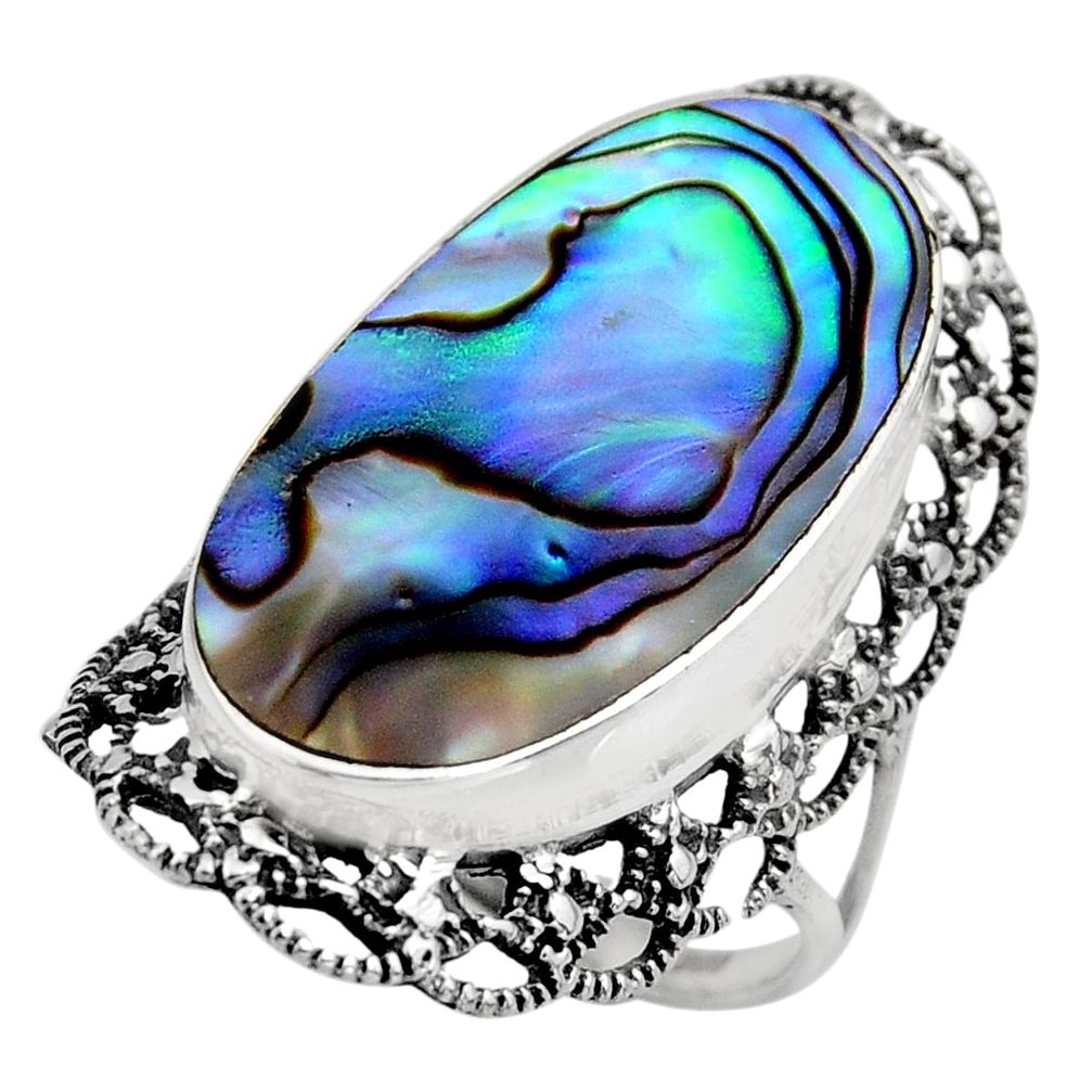 11.21cts natural abalone paua seashell 925 silver solitaire ring size 7.5 c7832