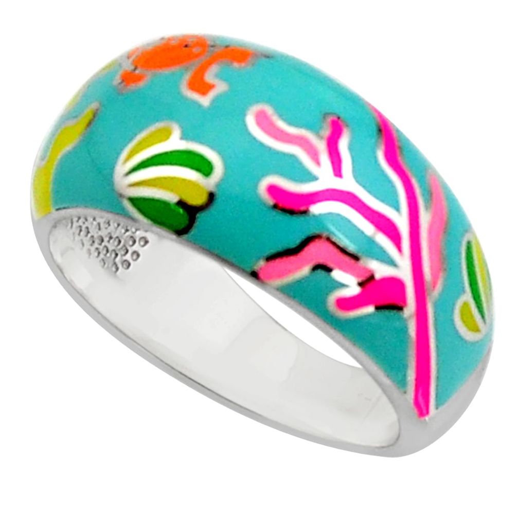 6.54gms color inlay enamel 925 sterling silver ring jewelry size 8 c7981