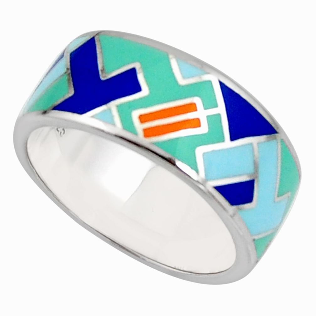 7.26gms color inlay enamel 925 sterling silver ring jewelry size 9 c7983