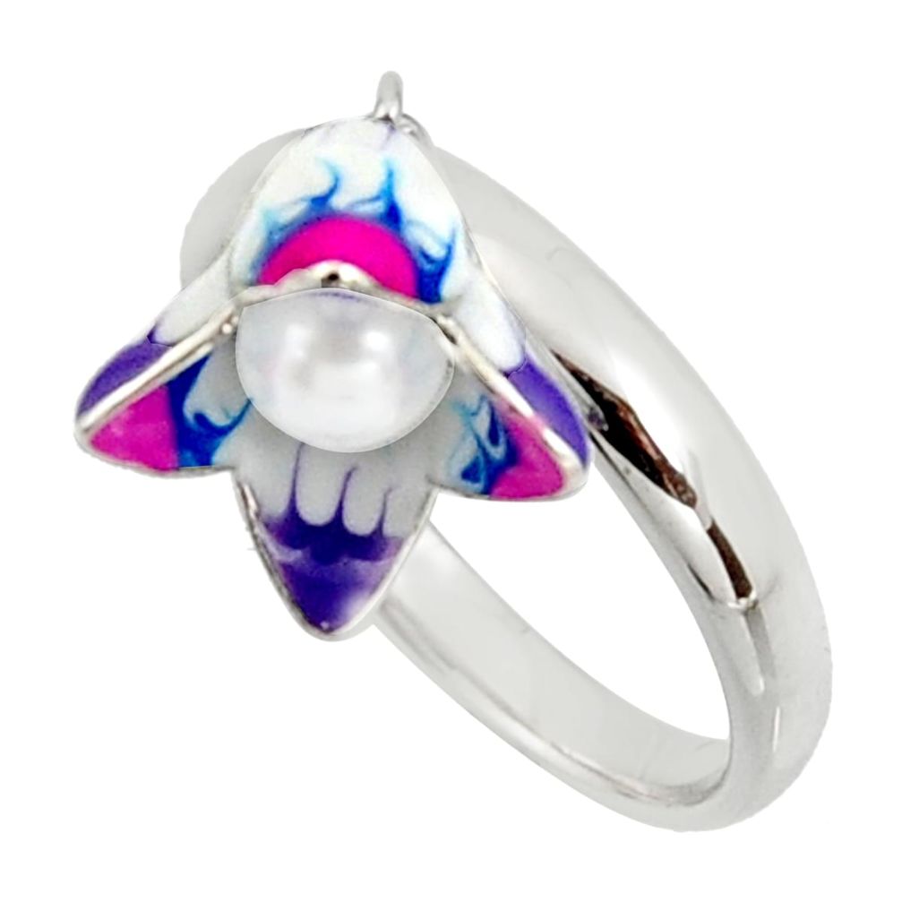 Color inlay white pearl enamel 925 sterling silver ring jewelry size 8 c8000