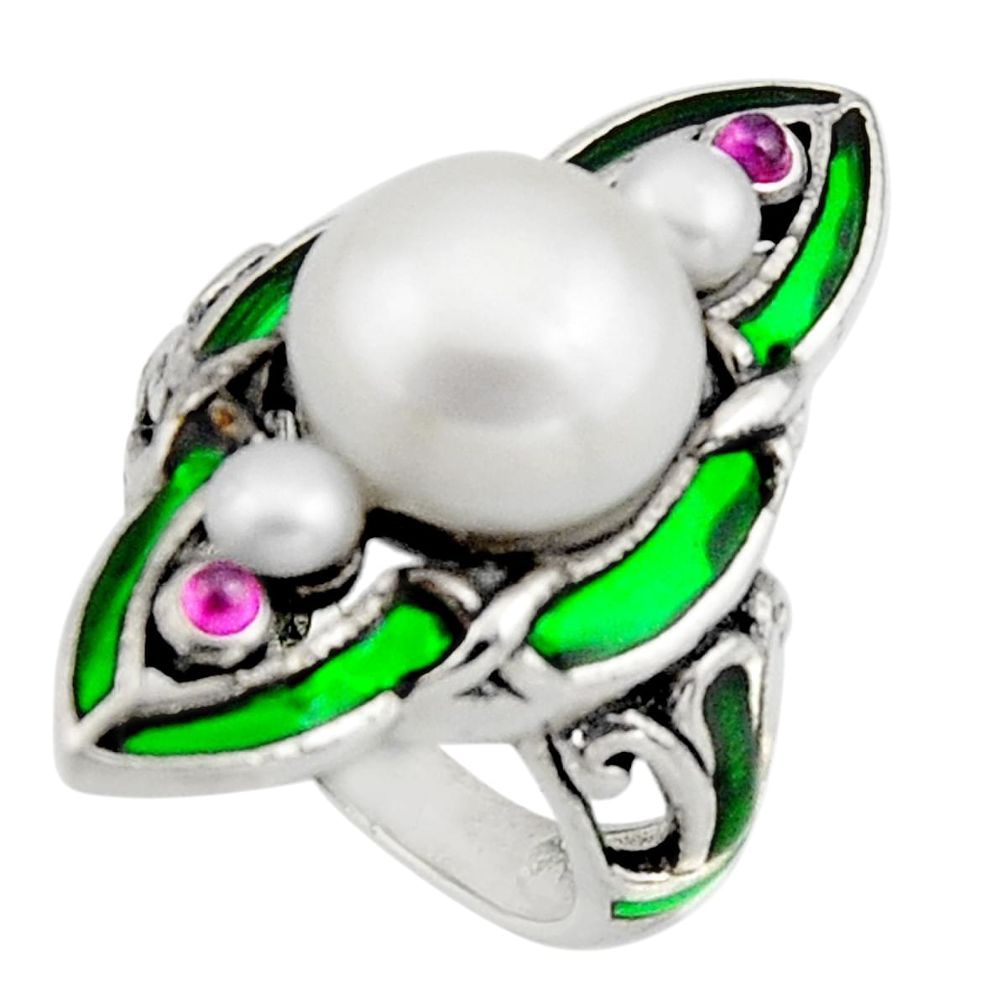 8.33cts art nouveau natural white pearl ruby enamel silver ring size 6.5 c8087