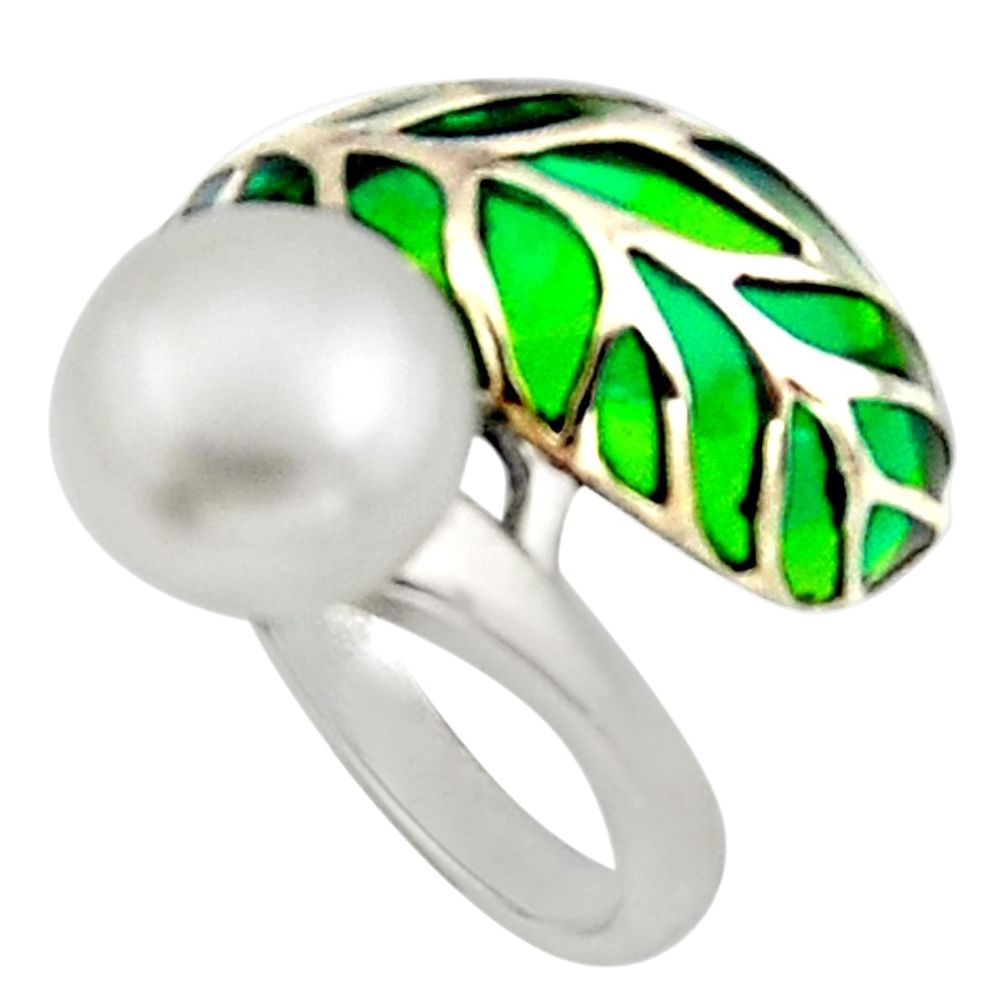 4.92cts art nouveau natural white pearl enamel 925 silver ring size 7.5 c8092