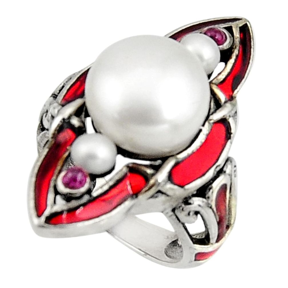 8.12cts art nouveau natural white pearl ruby enamel silver ring size 6.5 c8100