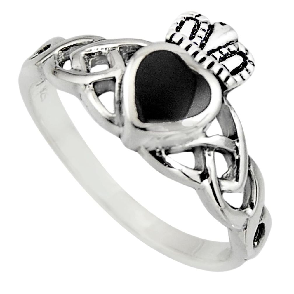 Irish crown claddagh natural black onyx 925 silver heart ring size 7.5 c8401