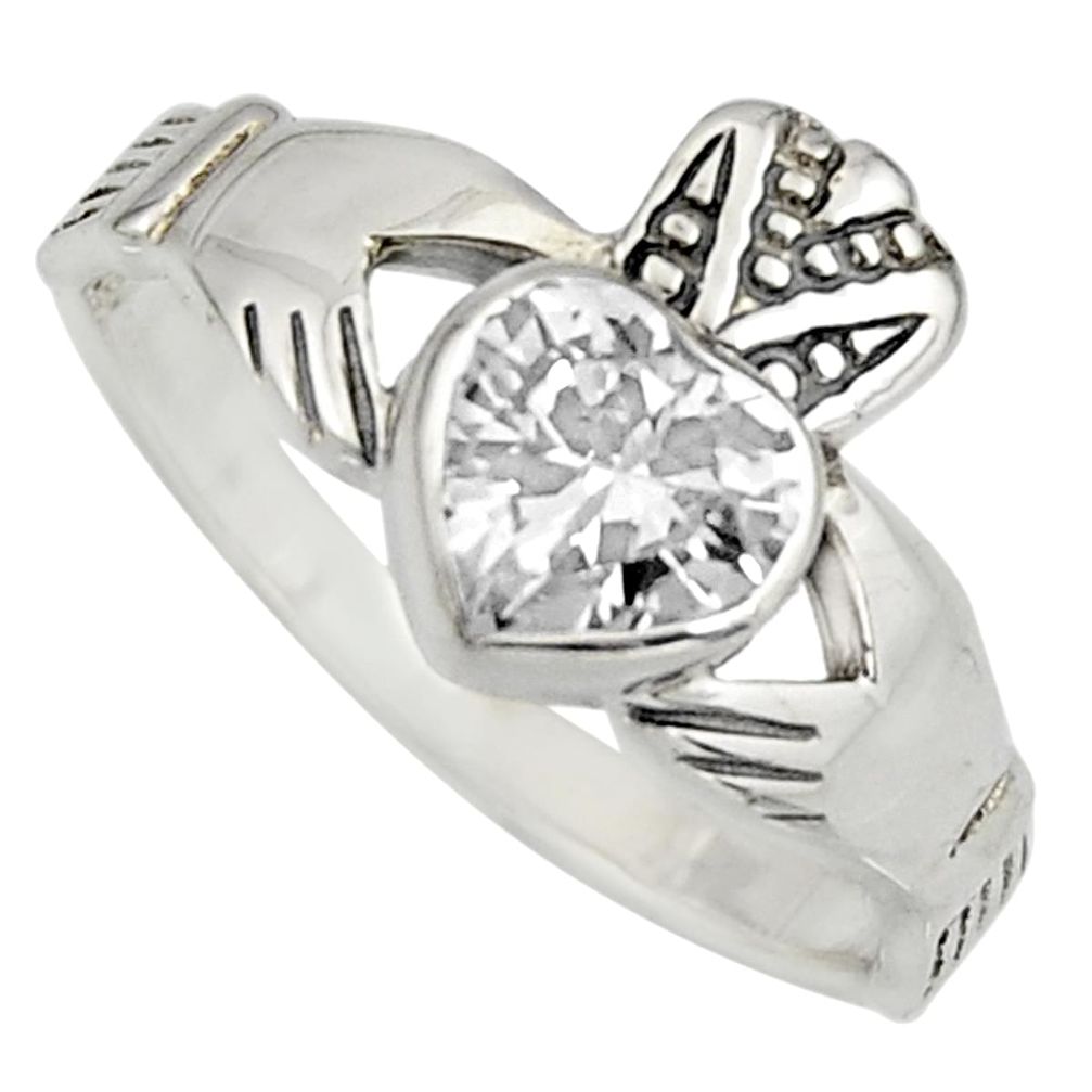 Irish crown claddagh natural white topaz 925 silver heart ring size 6 c8406