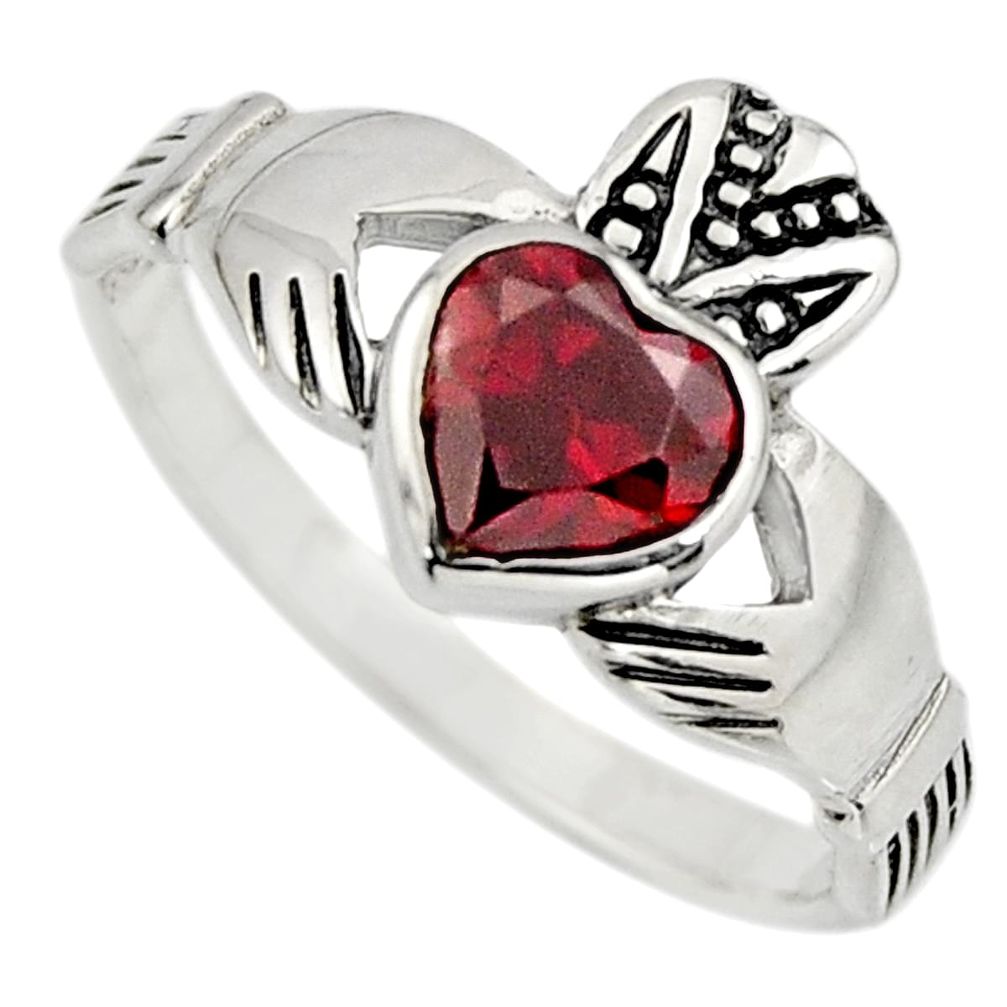 925 silver irish crown claddagh natural red garnet heart ring size 7.5 c8408