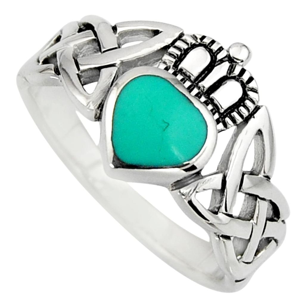 Irish crown claddagh fine green turquoise 925 silver heart ring size 6.5 c8410