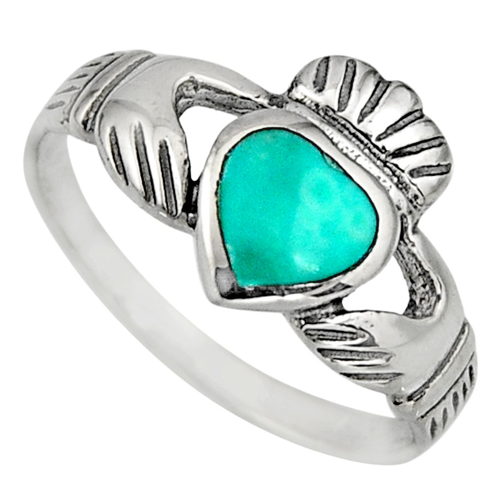 Irish crown claddagh fine green turquoise 925 silver heart ring size 8 c8411