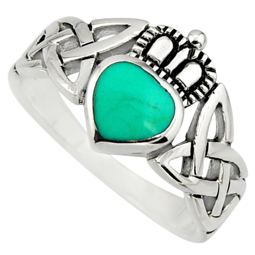 Irish crown claddagh fine green turquoise 925 silver heart ring size 6.5 c8412